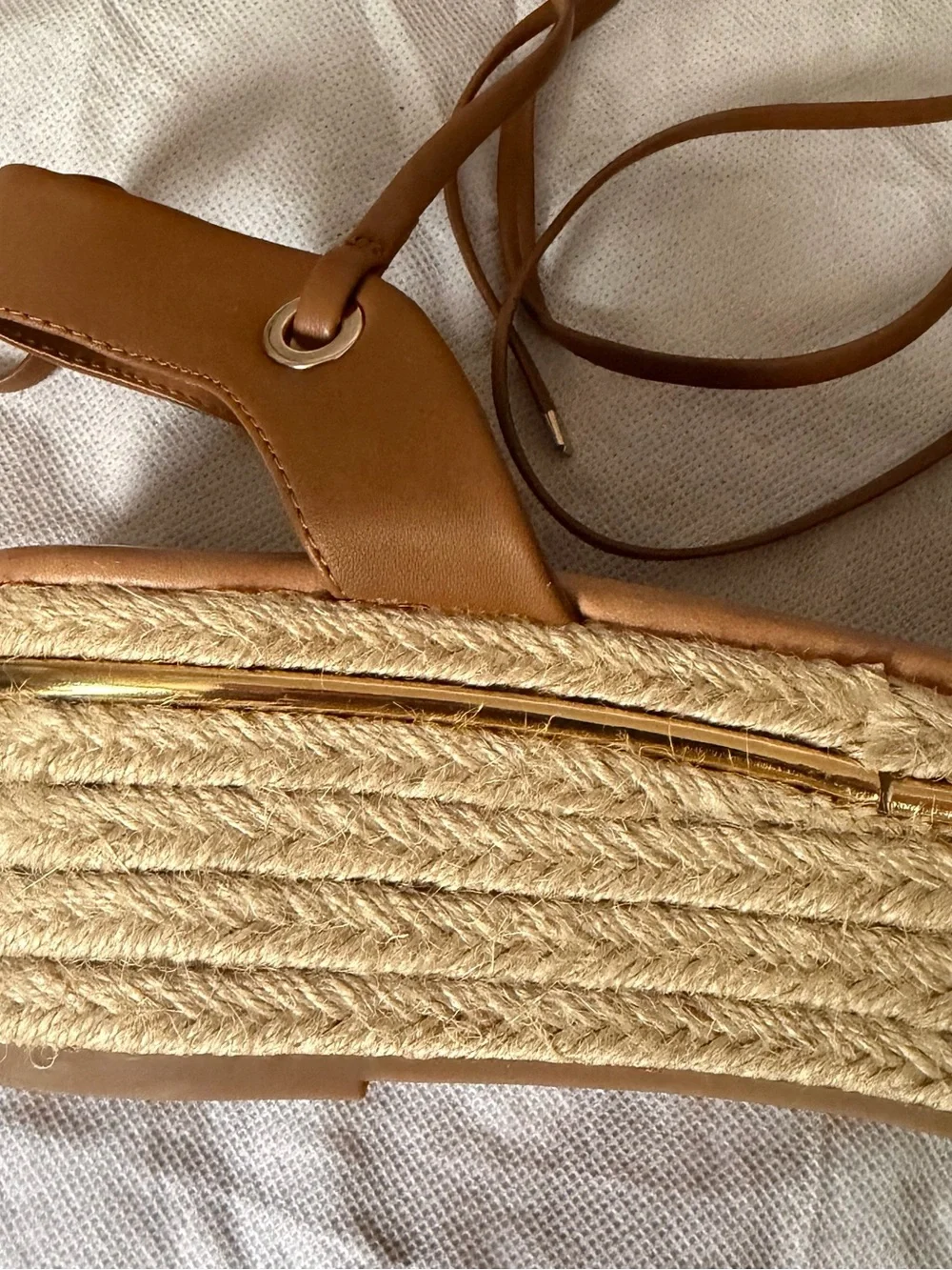 Bleecker & Bond Women's Leather Tan Espadrille Platform Sandals with Ankle Tie